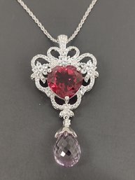 STUNNING STERLING SILVER RUBY COLORED CRYSTAL DUBLET & AMETHYST NECKLACE