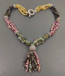 AMAZING STERLING SILVER MULTI COLORED TOURMALINE NUGGETS TASSEL NECKLACE