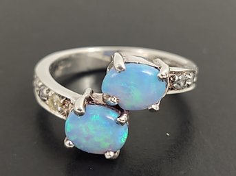 BEAUTIFUL STERLING SILVER OPAL & CZ BYPASS RING