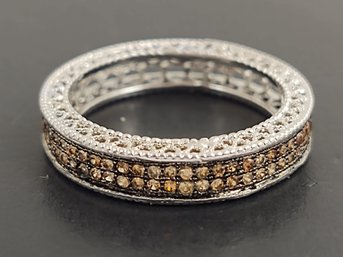 FANCY STERLING SILVER FILIGREE PAVE CHAMPAGNE CZ BAND RING