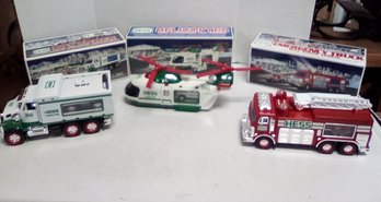 New In Box 2001 Hess Helicopter/Motorcycle/Cruiser- & 2008 Hess TruckFront Loader, 2005 Emerg. Vehicles  JDC1