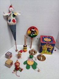 1997 Schylling Jack In The Box, Clown, Hand Drum, Painted Wood Pull Toys- 1 Sevi, Cymbals, Wind Up Toy CR/E2