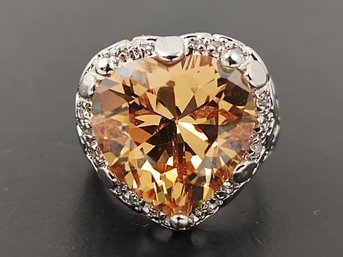 STUNNING SILVER PLATED PEACH COLORED CZ HEART RING