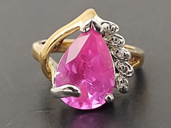 BEAUTIFUL GOLD PLATED PINK SAPPHIRE & CZ RING