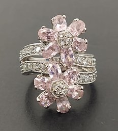 STUNNING SILVER PLATED PINK & WHITE CZ FLOWER RING