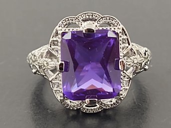 BEAUTIFUL SILVER PLATED ART DECO STYLE PURPLE CZ RING
