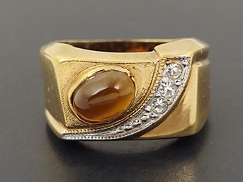 BEAUTIFUL 18K HEAVY GOLD ELECTROPLATE TIGERS EYE CABOCHON & CZ RING