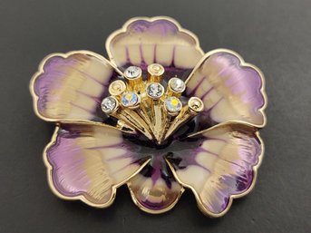 BEAUTIFUL ANNE KLEIN ENAMEL & RHINESTONE ORCHID FLOWER BROOCH