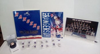 New York Rangers 75 Years Book, 96/97 Official Team Book, Reproduction 1994 Stanley Cup Ring & 14 Pins LP/C4