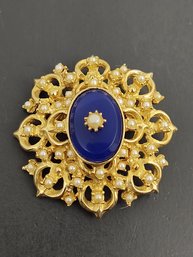 VINTAGE FAUX LAPIS & FAUX SEED PEARL VICTORIAN REVIVAL STYLE BROOCH