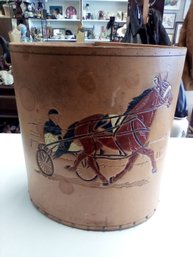 Vintage Embossed Hand Painted Leather Horse Race Scene Waste Basket With Wood Base  LP/E4