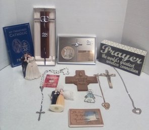 25th Wedding Anniversary & Religious Lot - Plaques, Crosses, Prayer Book, Jewelry, Rosary Plus LP/D4