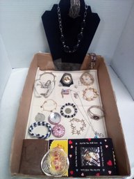 Jewelry Lot With Bracelets, Necklaces, Wallet, Ring Trinket Dish, Watch, Earrings, Pins  LP/E3