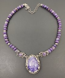 SOUTHWESTERN DESIGNER CAROLYN POLLACK STERLING SILVER CHAROITE BEADED NECKLACE