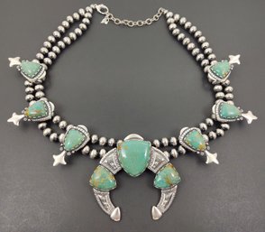 DESIGNER CAROLYN POLLACK AMERICAN WEST STERLING SILVER TURQUOISE SQUASH BLOSSOM NECKLACE
