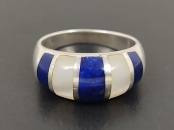 BEAUTIFUL STERLING SILVER LAPIS & MOTHER OF PEARL INLAY RING