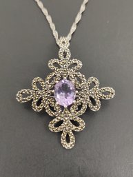 BEAUTIFUL STERLING SILVER AMETHYST MARCASITE PENDANT NECKLACE