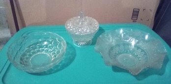 3 Vintage Pressed Glass Bowls - Hankerchief, Thumbprint With Scallop Edge & Lidded Pedestal Style  Bsmt