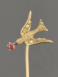 ANTIQUE VICTORIAN 10K GOLD GARNET SEED PEARL DOVE STICK PIN