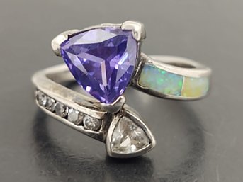 VINTAGE STERLING SILVER CZ & INLAID OPAL RING