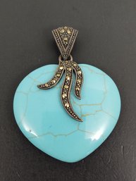 VINTAGE STERLING SILVER FAUX TURQUOISE & MARCASITE HEART PENDANT