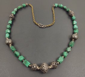 VINTAGE STERLING SILVER & BRASS CHAIN FACETED MALACHITE BEADED NECKLACE