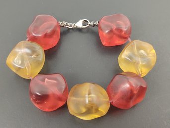 STUNNING STERLING SILVER RED & YELLOW LUCITE BEADED BRACELET