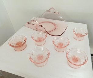 Six Tiny Vintage Pink Glass Bowls And One Large Bowl