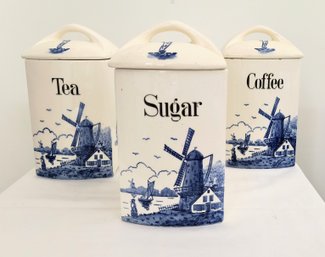Three Vintage Tea Sugar And Coffee Jars, Blue And White Delft Style