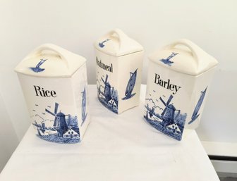 Delft Style Blue And White Ceramic Jars - See Three More In Another Lot In This Sale