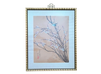 Beautiful Vintage Watercolor Of Cherry Blossoms And Bird