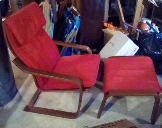 IKEA Poang Armchair & Ottoman - Bentwood Armchair And Ottoman - With Removable Red Cushions