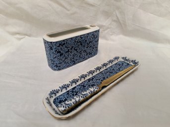 Blue And White Painted Ceramic Pencil Holder And Letter Knife