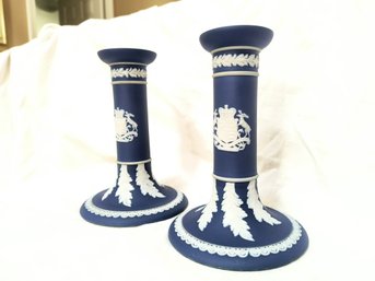 Tunstall England Adams 1657 Jasperware Candlesticks, A Pair