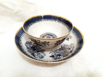 Blue And White Antique Bowl With Plate And Gold Rim