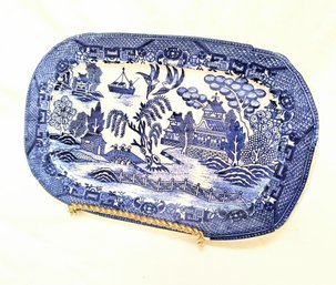 Antique Blue Willow Rectangular Ceramic Platter On Stand