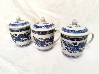 Trio Of Blue And White Vintage Lidded Teacups