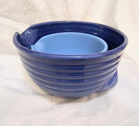 Two Ceramic Blue Bowls With Spouts