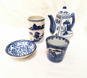 Blue And White Glazed Ceramic Grouping Small Vases, Plate And Teapot