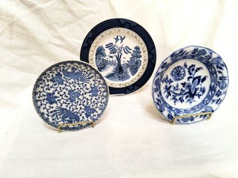 Trio Of Vintage / Antique White And Blue Plates/dishes