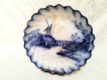 Antique Blue And White Delft Dutch Plate On Stand