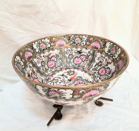 Large Stunning Vintage Famille Rose Bowl With Brass Stand