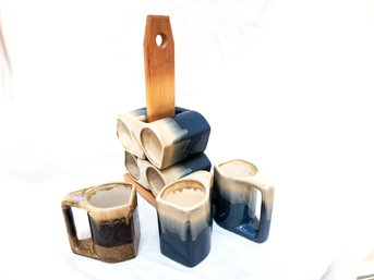 Fun And Funky Set Of Artist-made Glazed Mugs, With Wood Stand