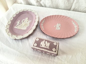 Small Dishes And A Box In Tones Of Pink, Two Are Wedgwood