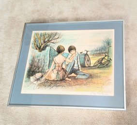 Signed Jacques Lalande Mid-century Print Of Two Young Figures