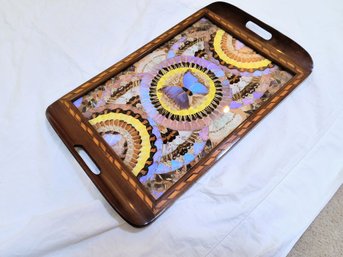 Vintage Wood Tray With Butterfly Inlays