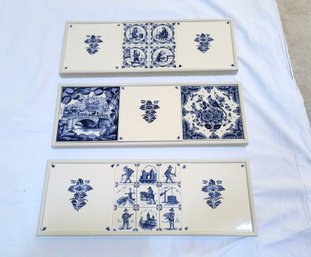 Three Blue And White Delft Style Tile Plaques, Signed, Ready To Hang