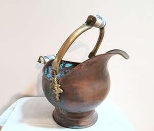 Large Antique Copper Bin /pitcher With Ceramic Handles