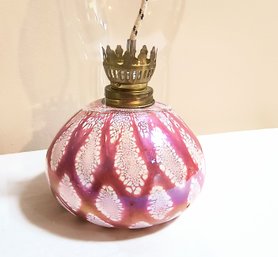 Antique Oil Lamp With Iridescent Pink Glass Base