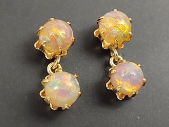 VINTAGE 14K GOLD FOIL GLASS CABOCHON EARRINGS